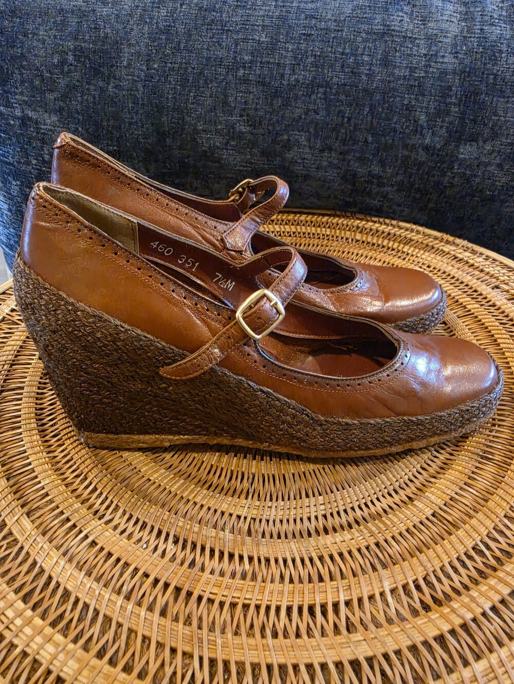 Vintage 1970's Sophisticates Raffia/Leather Mary Jane Wedge Coquette Girl